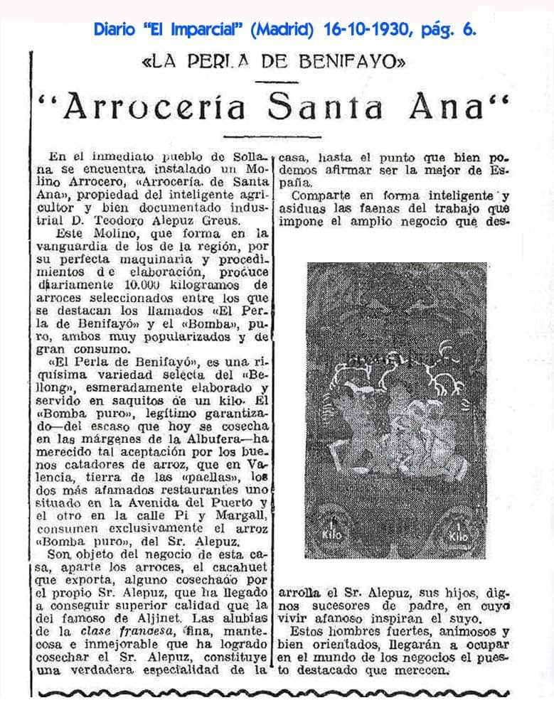 Noticia arroz de Valencia 1930